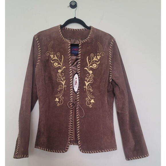 Roper NWT Leather Brown Jacket Embroidered Embellished Coats Open Size L - Picture 1 of 8